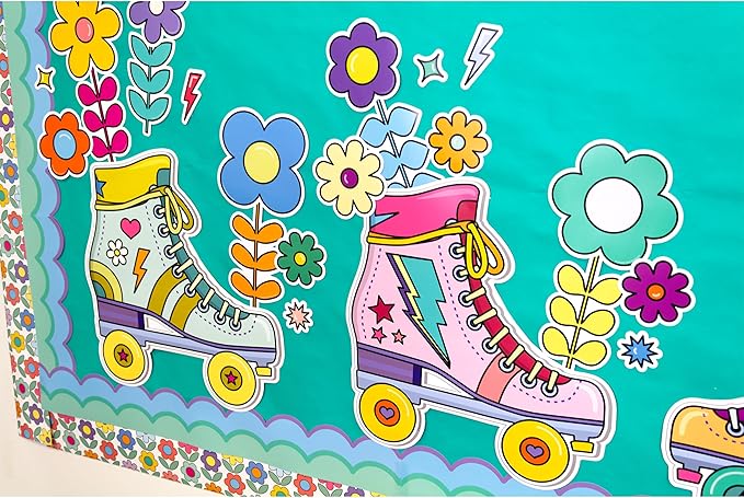 Happily Ever Elementary Retro Remix 103-Piece Motivational Bulletin Board Set, Roller Skates, Flowers, and More Groovy Bulletin Board Decorations for Classroom Decor