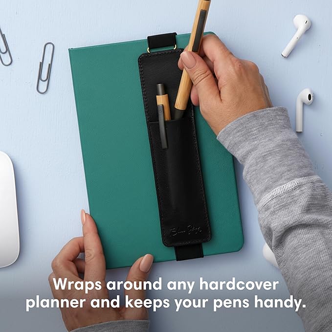 Blue Sky Pen Holder with Adjustable Elastic Bungee, 1.8" x 7.2", Faux Leather, Undated, Stitched Design, Fits Journals, Notebooks, Planners, and Sketchbooks (Black)