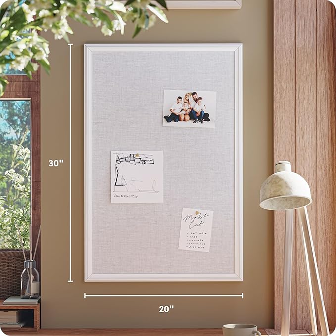 U Brands Farmhouse Linen Bulletin Board, 30" x 20", White Wood Style Frame, Includes Push Pins