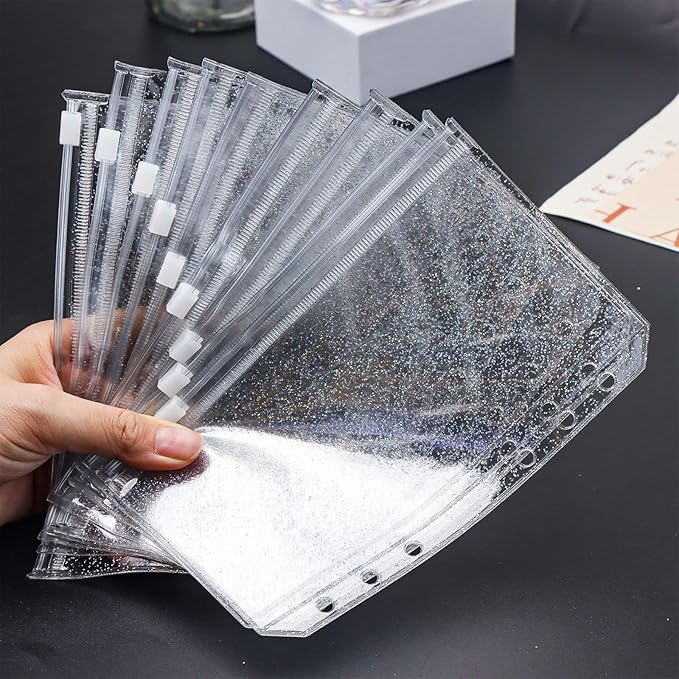 10pcs A6 Cash Stuffing Envelopes Zipper Binder Pockets Clear Glitter PVC 6 Hole Zip Sleeves Loose Leaf Pouches for 6 Ring Binder Planner (A6 4.17" x 6.85")