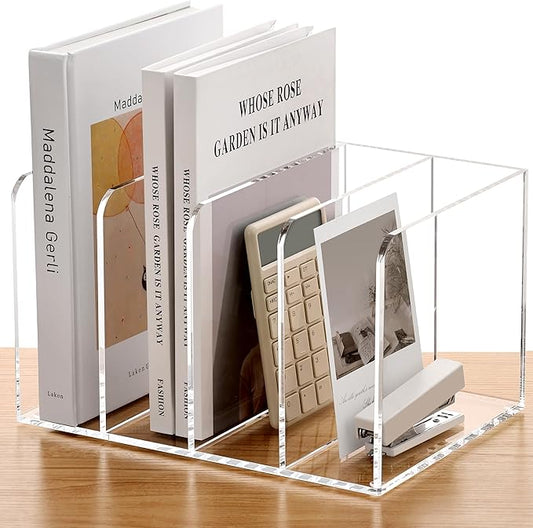 SANRUI Acrylic Magazine Holder Desk Organizer Workspace Sorters，Clear Bookend File Sorter Holder,Folder Rack, Office Accessories Organization Storage with 4 Vertical Compartments