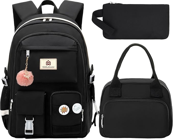 School Backpack for Teen Girls Women College Laptop Backpacks Kids Cute Bookbag Set with Lunch Box Pencil Case Elementary Middle High Campus Bag 3 Pcs Students Bookbags Sets Travel Daypack-Black