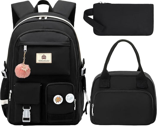 School Backpack for Teen Girls Women College Laptop Backpacks Kids Cute Bookbag Set with Lunch Box Pencil Case Elementary Middle High Campus Bag 3 Pcs Students Bookbags Sets Travel Daypack-Black