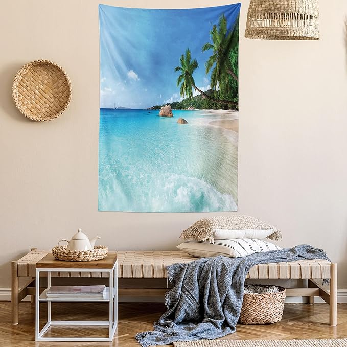 Ambesonne Ocean Tapestry, Anse Lazio Beach at Praslin Island Surfing Beach Scenic View Travel, Fabric Wall Hanging Decor for Bedroom Living Room Dorm, 30" X 45", Blue and Turquoise