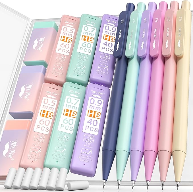 Mr. Pen- Pastel Mechanical Pencil Set with Lead Refills & Erasers, 6 Pack, 3 Sizes, 0.5 0.7 & 0.9mm, Aesthetic Mechanical Pencils Set, Pastel Mechanical Pencils