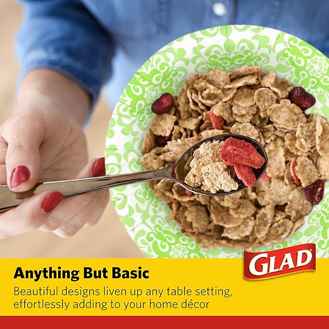 Glad Round Disposable Paper Bowls, Green Victorian Design - Heavy Duty, Soak Proof, Cut-Resistant, Microwavable Bowl for All Foods & Daily Use, 16 Oz, 15 Count