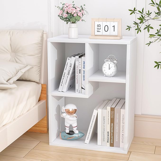 VECELO Small White Bookshelf, 3 Cube Shelf, Fits Tallest Hardcovers, Horizontal Available, Short Bookcase for Small Spaces,White