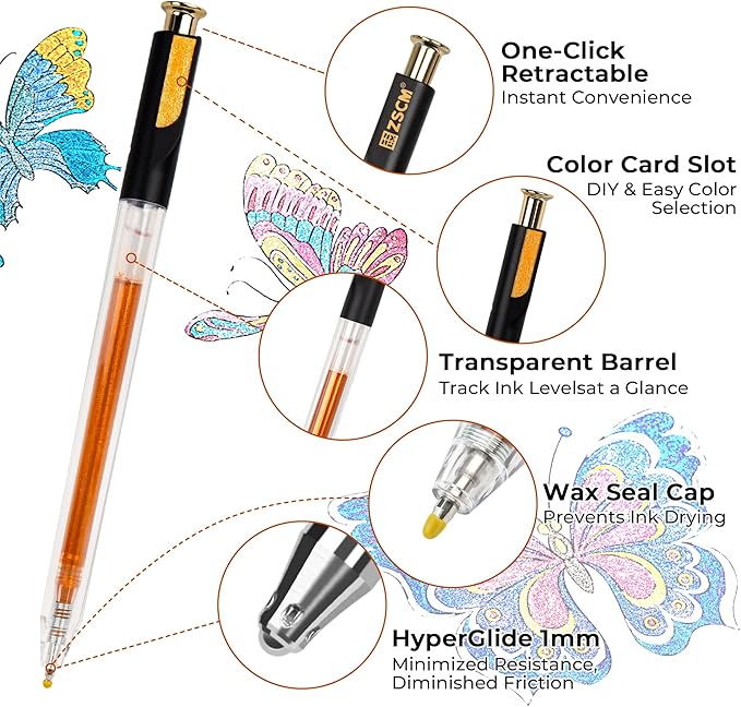 Retractable Super Glitter Gel Pens, 24 Colors Large Capacity Metallic Sparkle Gel Ink Pens, 1 mm Fine Point Smooth Writing Color Pen for Adult Coloring Book Note Taking Aesthetic Art Supplies