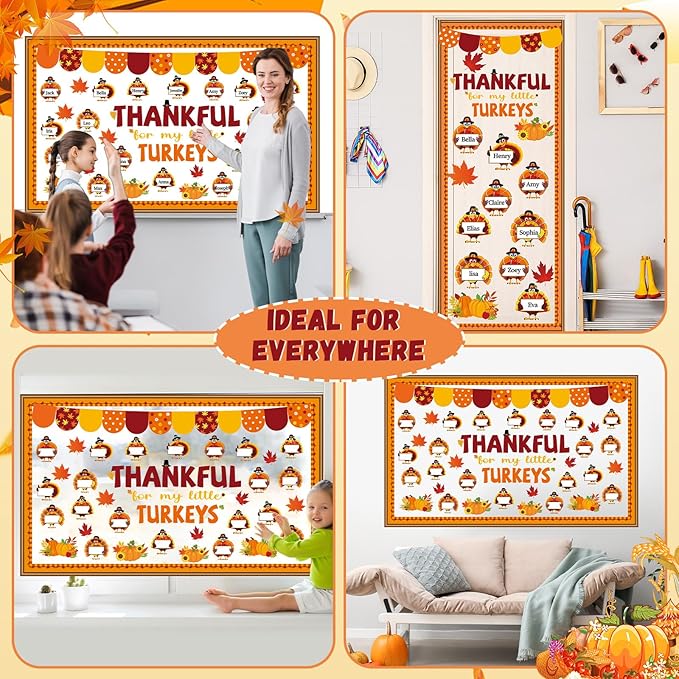Thanksgiving Turkey Bulletin Board Set Thankful Classroom Decoration My Little Turkeys Paper Cutouts DIY Fall Crafts Bulletin Board Border for School Wall Autumn Decor Teacher Supplies
