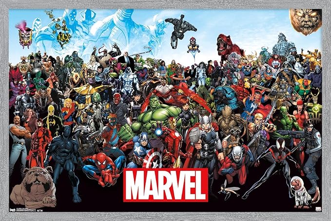 Marvel Comics The Marvel Lineup Wall Poster, 22.4L" x 14.7W", Gray Framed Version