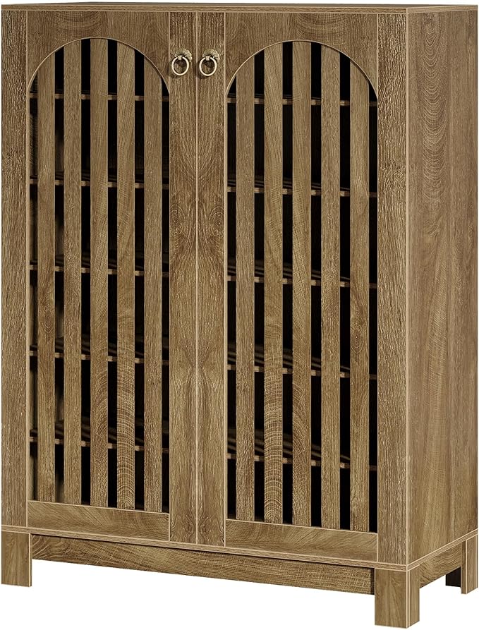 Tribesigns Shoe Cabinet Set of 2, Wood Shoe Organizer Cabinet with Doors & Adjustable Shelves, Shoe Storage Rack for Entryway, Living Room, Bedroom