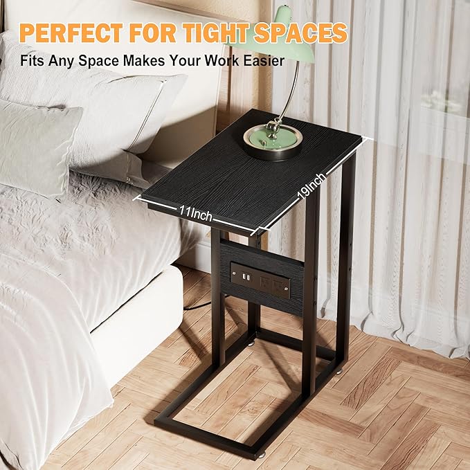 VECELO C Shaped End Table with Charging Station & Power Outlets, Quick Access Side Table for Sofa, C Bedside for Living Room Bedroom 2 Set,Black