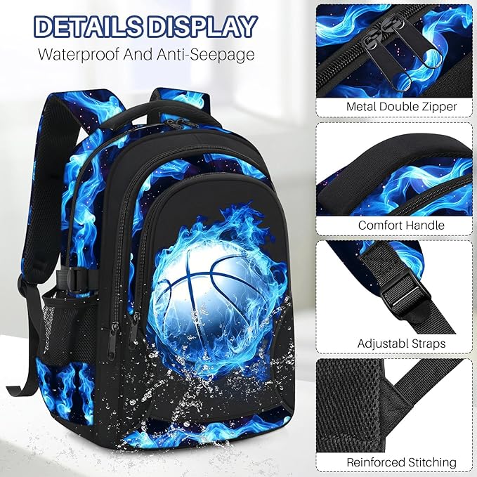 School Backpacks for Boys - 4pcs Basketball Boys Backpacks with Lunch Box Set for Kids Teens Elementary Middle School, 17″ Large Capacity Students Bookbag, Perfect for Travel