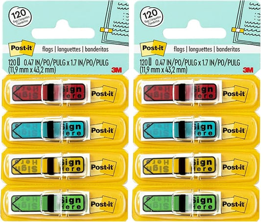 Post-it Message Sign Here Flags, 30/Dispenser, 4 Dispensers/Pack, .47 in Wide, Assorted Colors (684-SH) (Pack of 2)