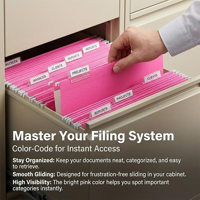 50 Packs Hanging File Folders,Pink Letter Size File Folder,Designed for Bulky Files,Filing Cabinet,1/5 Adjustable Tabs for Office,School,Home