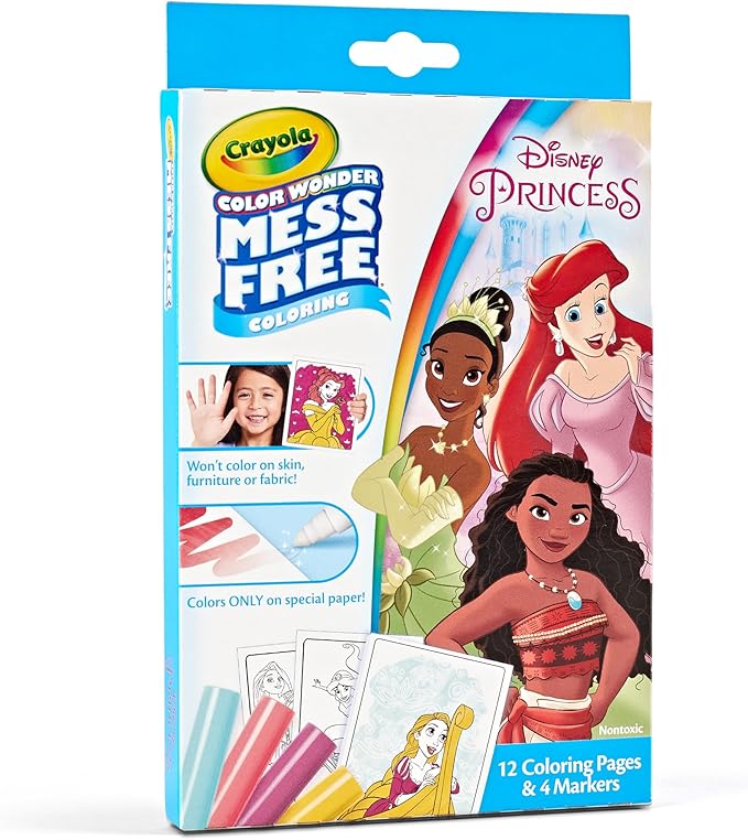 Crayola Color Wonder Disney Princess Mini Box Set, 12 Coloring Pages & 4 Mess Free Markers, Toddler Coloring, Gift for Girls & Boys, 3+