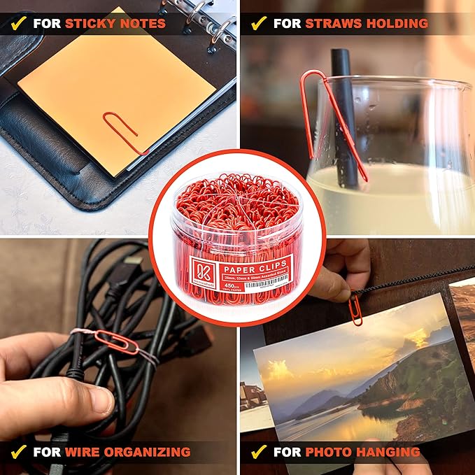 450 Red Color Paper Clips Assorted Sizes Small, Medium and Large Paper Clips for Paperwork Ideal for Home, School and Office Use (Assorted, Red)