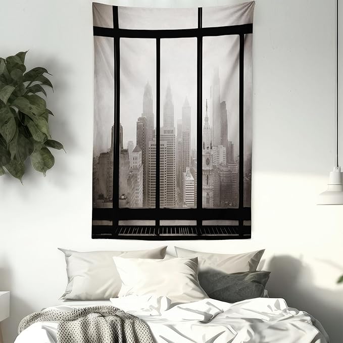 Ambesonne City Tapestry, Philadelphia City Rooftop View Through Window Skyline Landmark Rooftop Travel, Wall Hanging for Bedroom Living Room Dorm Decor, 40" X 60", Grey Black