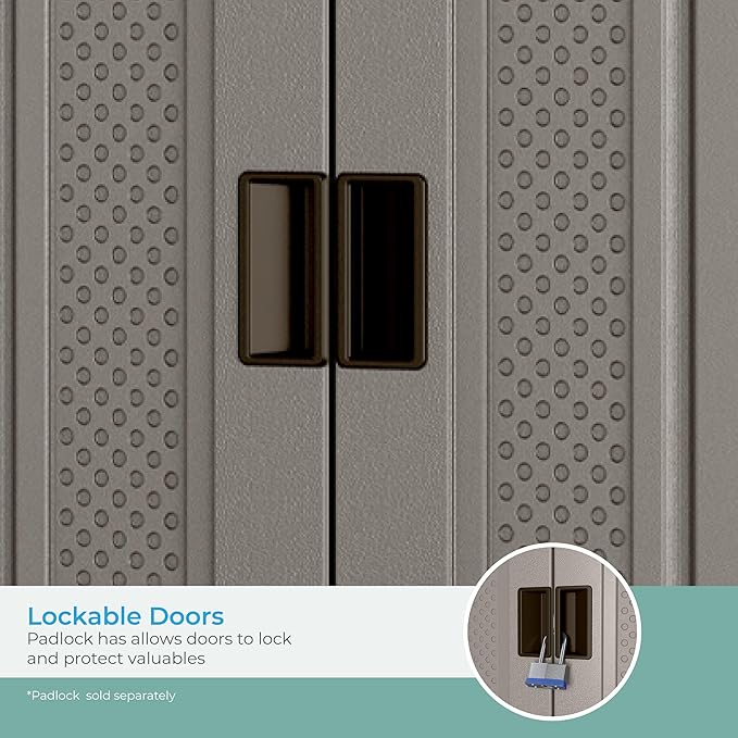 Suncast Tall Storage Cabinet, Platinum Resin Garage Storage Cabinet with Doors & Shelves, Plastic, Lockable, Freestanding Utility Closet for Tools & Supplies, Made in USA
