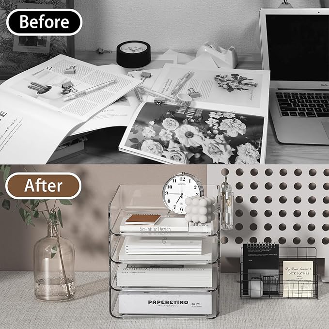 4-Tier Acrylic Paper Tray Organizer with Pen Holder | Clear Stackable Desk Organizer for Documents, Letters, A4 Paper | Modern Office/Classroom/Home Organization