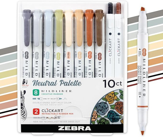 Zebra Pen Mildliner Dual-Tip Highlighters and 2 CLiCKART Markers, No Bleed, Ideal for Bible Highlighting, Journaling, Note-Taking and School Supplies, Neutral Vintage Ink Colors, 10-Pack (78601)