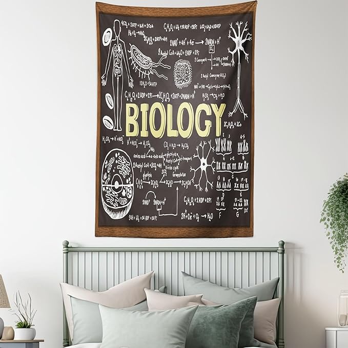 Ambesonne Science Tapestry, Black Chalkboard Biology Hand Written, Wall Hanging for Bedroom Living Room Dorm Decor, 40" X 60", Black Brown Pale Yellow