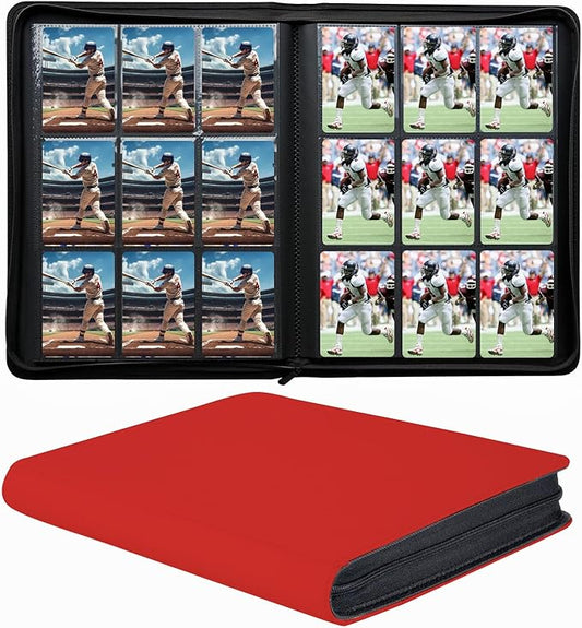9-Pocket Zippered Trading Card Binder, 864 Pockets Double-Sided Side-Loading Card Organizer Album, PU Leather Card Holder Protector for MTG, TCG, Sports Cards (Red)