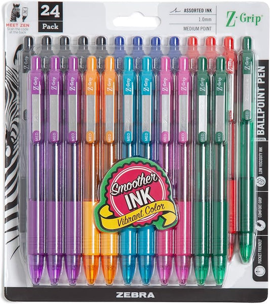 Zebra Pen Z-Grip Retractable Ballpoint Pen, Smooth-Flowing Assorted Fashion Colors, 1.0mm Medium Point, School & Office Supplies, Ideal for Note-Taking, Journal and Planner Use, 24-Pack (12223)