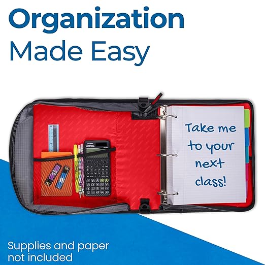 Case-it Universal Zipper Binder | 2-Inch O-Rings,13-Inch Laptop/Tablet Padded Pocket,400 Sheet Capacity,Multiple StoragePockets & Shoulder Strap | School & Office Organizer | LT-007 Fire Engine Red
