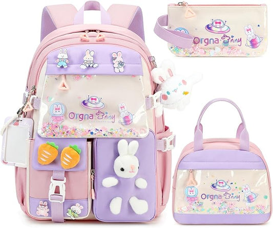 Backpack for Girls Cute Bookbag Set with Lunch Box Pencil Case Kawaii Bunny School Backpacks for Girl 3 Pcs Kindergarten Elementary Preschool Middle Sequin School Bag for Girls (Pink)