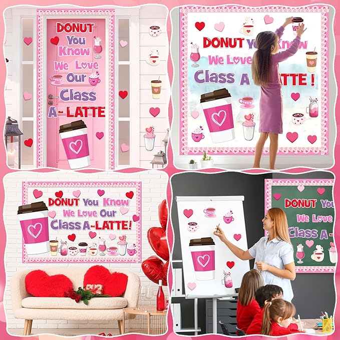 Valentine's Day Latte Bulletin Board Set Coffee Theme Classroom Decoration Valentines Coffee Cup Heart Motivational Paper Cutouts for School Classroom Party Chalkboard Wall Decor Teacher Supplies