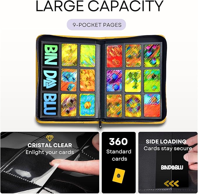 9 Pocket Trading Card Zip Binder - 360 Side Loading Pocket Binder for Colletible Games, Sport, TCG - Trading Card Binder - Gift Card holder for Boys and Girls - Yellow card binder
