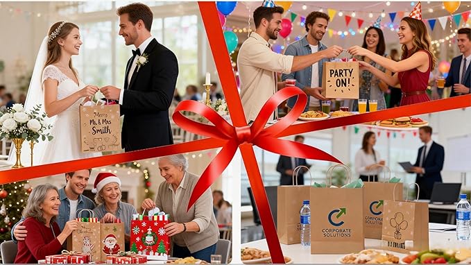 Simple Deluxe 50-Pack Kraft Paper Bags with Handles (10x5x13 Inch) - 100% Recycled Natural Brown Shopping Bags for Retail, Gifts & Merchandise - Made in USA, 90GSM Thick