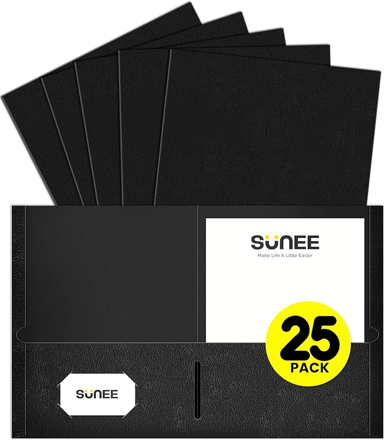 SUNEE Folders with Pockets(25 Pack, Black), 2 Pocket Folders Fit Letter Size Paper, Paper File Folder for School Office Home Bussiness