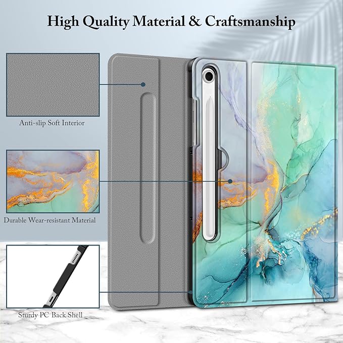 FINTIE Keyboard Case for Samsung Galaxy Tab S10 Lite/ S10 FE/ S9 FE 5G 10.9 Inch/Tab S9 11 Inch with S Pen Holder, Slim Stand Cover Detachable Wireless Bluetooth Keyboard, Emerald Marble