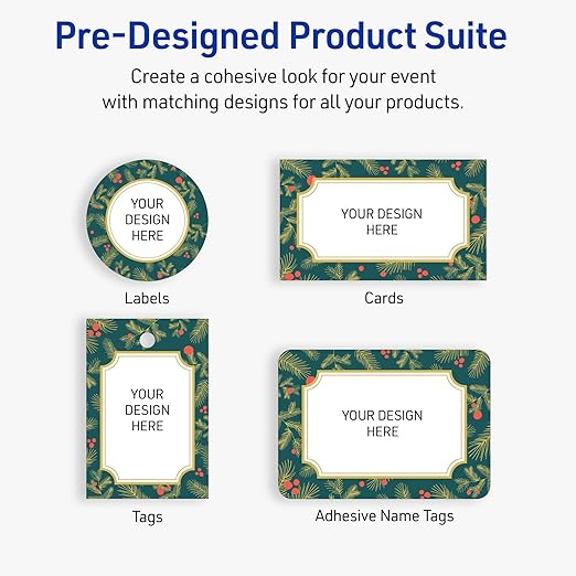 Avery Printable Christmas Adhesive Name Badges, Rectangle, 2-1/3" x 3-3/8", Pre-Printed Teal & Metallic Gold Border with Holly Design, Matte White, Laser & Inkjet Compatible, 80 Total