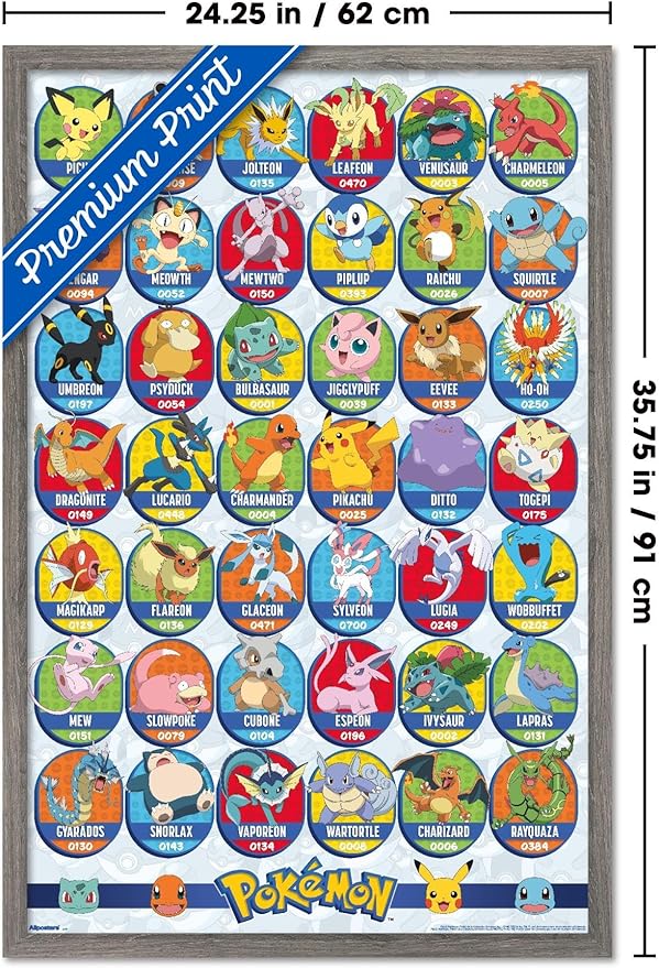Pokémon: All-Time Favorites - Grid Wall Poster, 34L" x 22.4W", Barnwood Framed Version