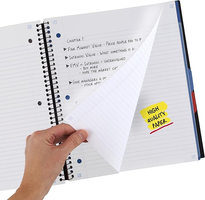 Five Star Advance Spiral Notebook + Study App, 3 Subject, College Ruled Paper, 8-1/2" x 11", 150 Sheets, Spiral Guard, Movable Tabbed Dividers, Black (73132)