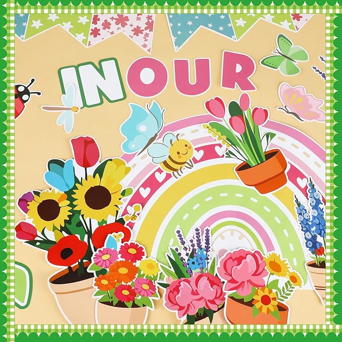 52 Pcs Spring Flower Bulletin Board Decorations Set Spring Floral Classroom Decorations Rainbow Insect Butterfly Bulletin Board Paper Cutouts for School Classroom Office Home Wall Decor