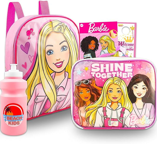 Barbie Mini Backpack with Lunch Box for Girls - Bundle with 11" School Bag, Lunch Bag Plus Tattoos, Water Bottle, and More | Barbie Girls Backpack Elementary School