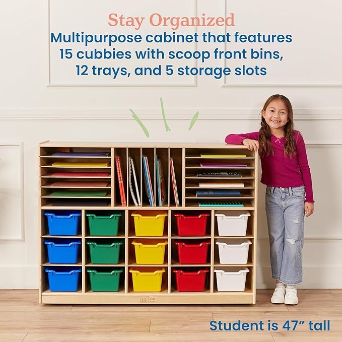 ECR4Kids Multi-Section Mobile Cabinet with Scoop Front Storage Bins, Classroom Furniture, Assorted, 16-Piece