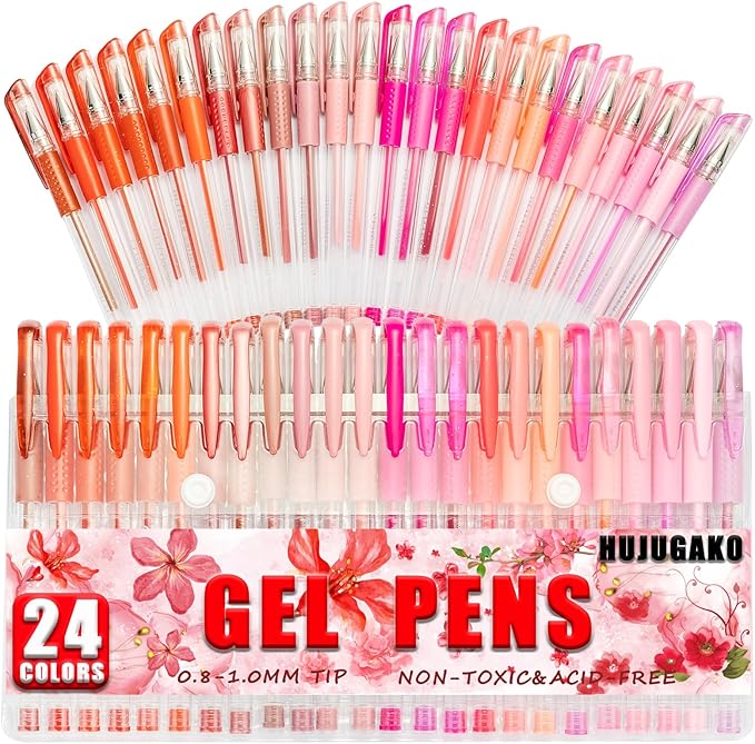 48 Pack Red Pink Gel Pens, 24 Colored Gel Pen with 24 Refills,40% More Ink Write Smooth for Adults Coloring Books Drawing Doodling Scrapbooks Bullet Journaling