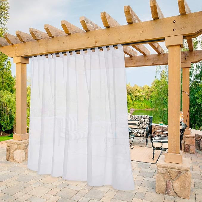NICETOWN Outdoor Sheer Curtain for Pergola Waterproof, Lightweight Detachable Sticky Tab Top Voile Panel with Rope Tie Back for Gazebo/Patio, 1 Pack, 100 Inch Wide by 96 Inch Long, White