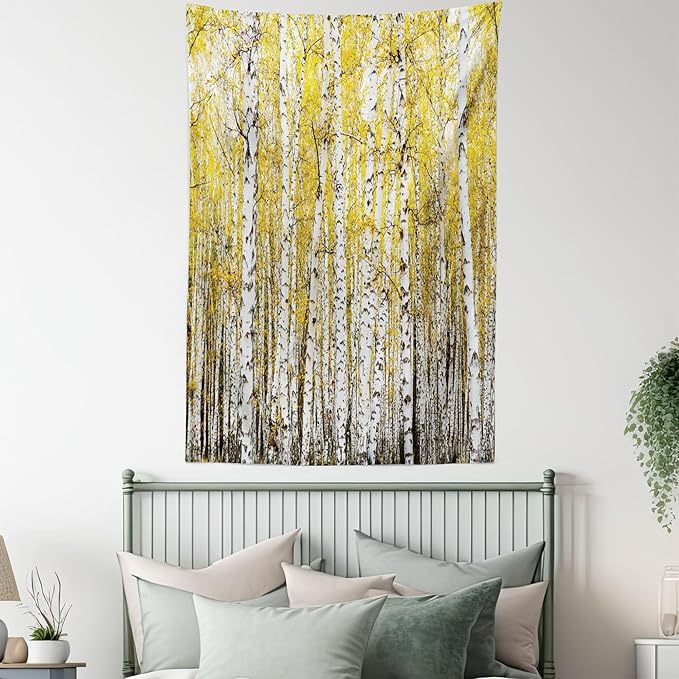 Ambesonne Forest Tapestry Twin Size, Autumn Birch Forest Golden Yellow Leaves Woodland October Seasonal Nature Picture, Wall Hanging Bedspread Bed Cover Wall Decor, 68" X 88", Yellow Grey