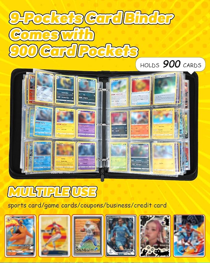for 9 Pocket Card Binder Large Capacity for 900 Cards - Trading Card Collection Album Folder Double Sided Pocket with Zipper Game Pattern Design for Men Boys Teens for Sports Cards Game Cards