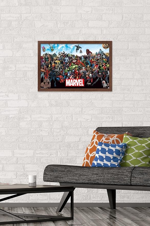 Marvel Comics The Marvel Lineup Wall Poster, 22.4L" x 14.7W", Mahogany Framed Version