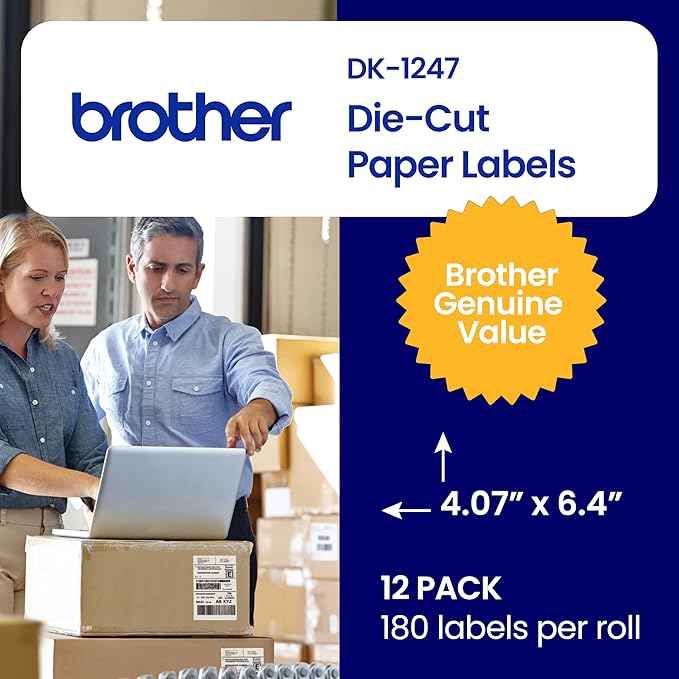 Brother Genuine DK-124712PK Die-Cut Large Shipping Labels, 4.07 in x 6.4 in (103 mm x 164 mm), White Paper Labels, 180 per Roll, 12 Rolls per Box, for use with Select Brother QL Label Printers