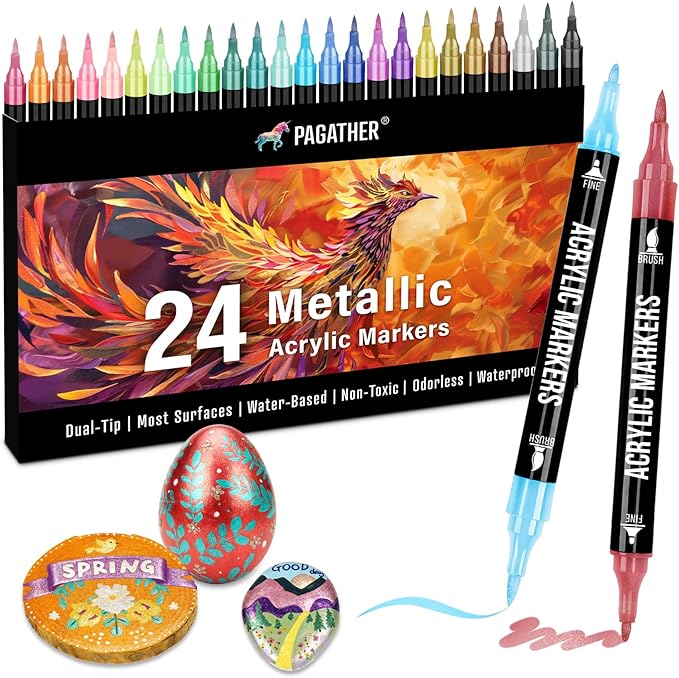 24 Metallic Colors Acrylic Paint Markers, Dual Tip with Fine Tip and Brush Tip Pens for Stone, Wood, Calligraphy, Canvas, Ceramic, Metal, Glass, Rock Painting, DIY Crafts
