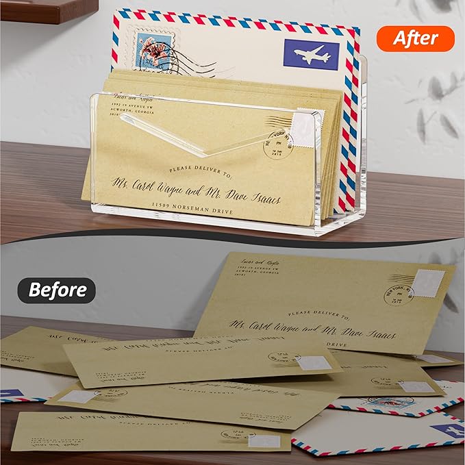 Acrylic Mail Holder, Mail Organizer Wall Mounted Clear File Letter Organizer, Vertical Envelope Mail Holder for Desk, Lightweight Countertop Bill Sorter Invoice Stand for Home Office School