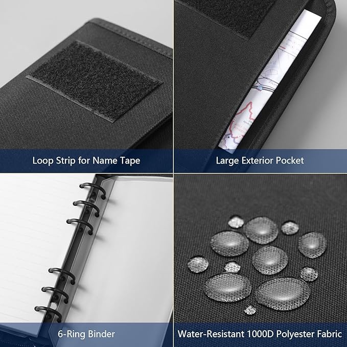 Kosibate Tactical Notebook Padfolio Ring Binders with 45 Sheets,Army Military Notebook Portfolio Binder with Zipper for Tactical Gear and Organizer, Refillable 6-Ring Binder(Black,5.5'' x 8.5'')